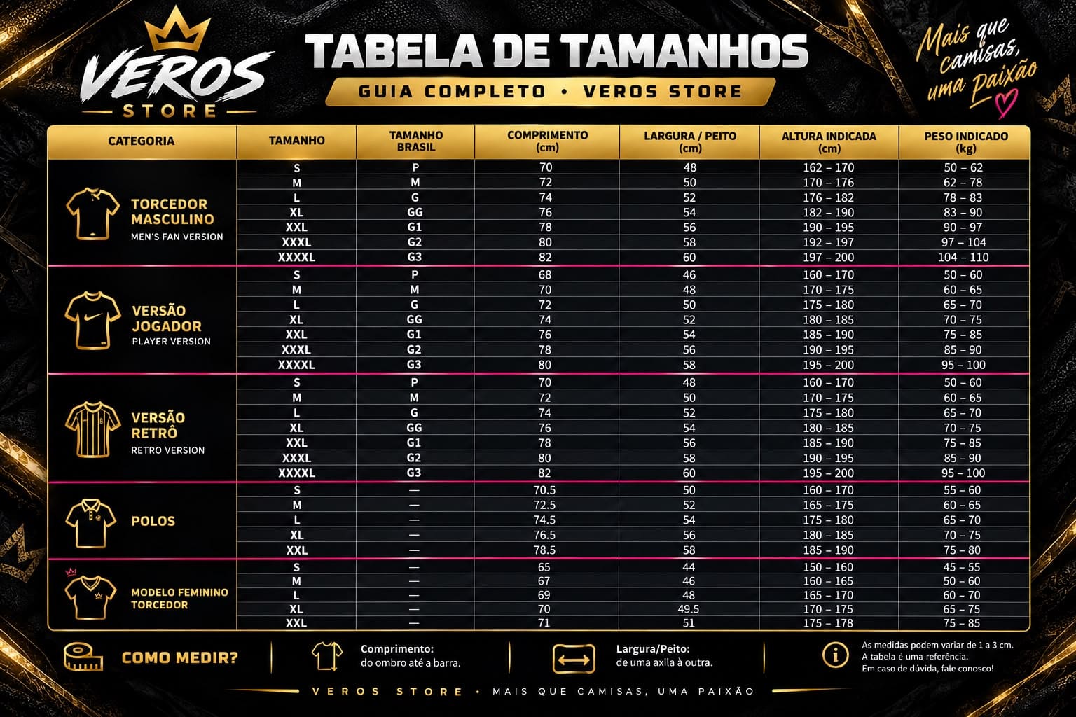 Tabela de tamanhos da Veros Store com medidas para camisas torcedor, jogador, retrô, polos e modelo feminino